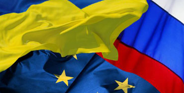 Banderas de Rusia, Ucrania y la Unión Europea