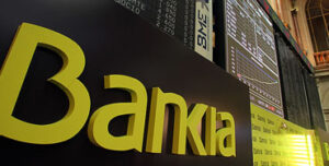 Logotipo de Bankia en el parqué de la Bolsa de Madrid