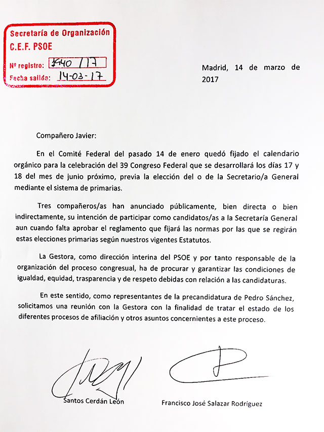 Carta de Pedro Sánchez a la gestora