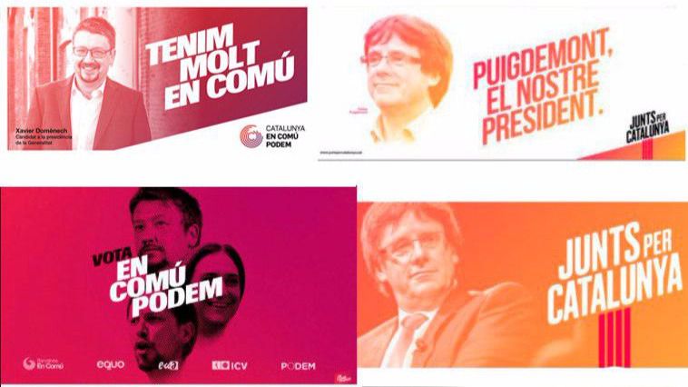 Carteles de En Comú Podem y Junts per Catalunya.