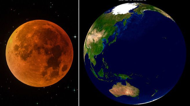 Eclipse total de superluna del año 2015, donde se aprecia su tonalidad rojiza, y cómo se observaría la Tierra desde nuestro satélite en el momento máximo del eclipse del 31 de enero de 2018