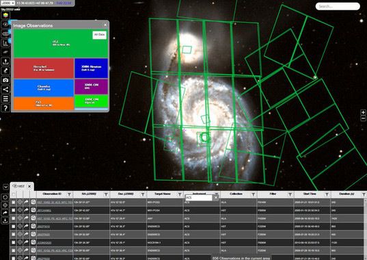 El par de galaxias M51 (abajo) y NGC 5194 (arriba) vistas a través de ESASky. Los cuadrados verdes son huellas en el cielo de diferentes instrumentos a bordo del telescopio espacial Hubble