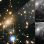 Imagen a color del cúmulo MACS J1149+2223 observado por el telescopio Hubble. A la derecha, se muestra la zona del cielo tomada en 2011 donde no se ve la estrella Ícaro, comparada con la imagen de 2016 donde se aprecia claramente esta supergigante azul