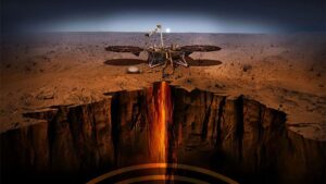 Ilustración del módulo de aterrizaje InSight investigando las profundidades de Marte