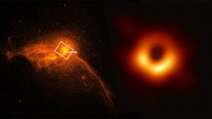 En el núcleo de la galaxia M87 (a la izquierda) se ha captado la primera imagen de un agujero negro (a la derecha)