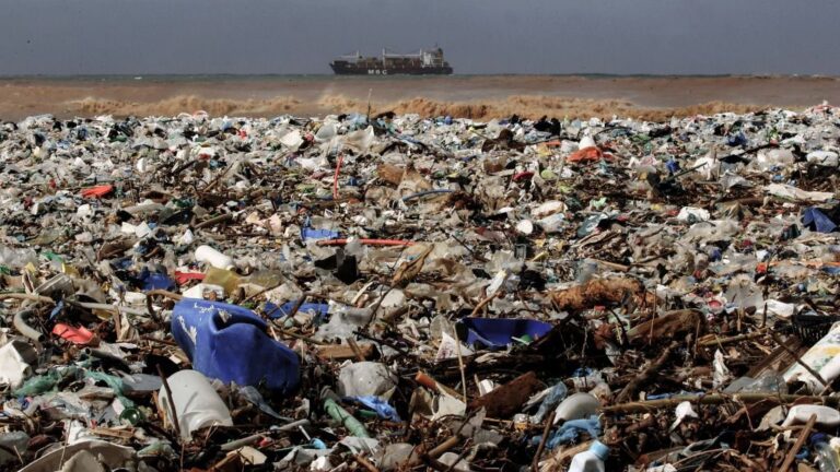 Basura plástica en la costa mediterránea de Keserwan, distrito de Beirut, capital de Líbano