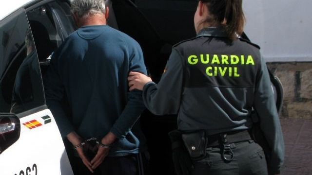 Una guardia civil conduce a un detenido al interior de un vehículo oficial.