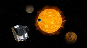 Ilustración del satélite Cheops caracterizando exoplanetas que transitan por delante de una estrella
