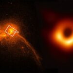 En el núcleo de la galaxia M87 (a la izquierda) se ha captado la primera imagen de un agujero negro (a la derecha)
