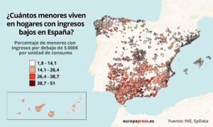 Mapa de España según menores que viven en hogares con bajos ingresos