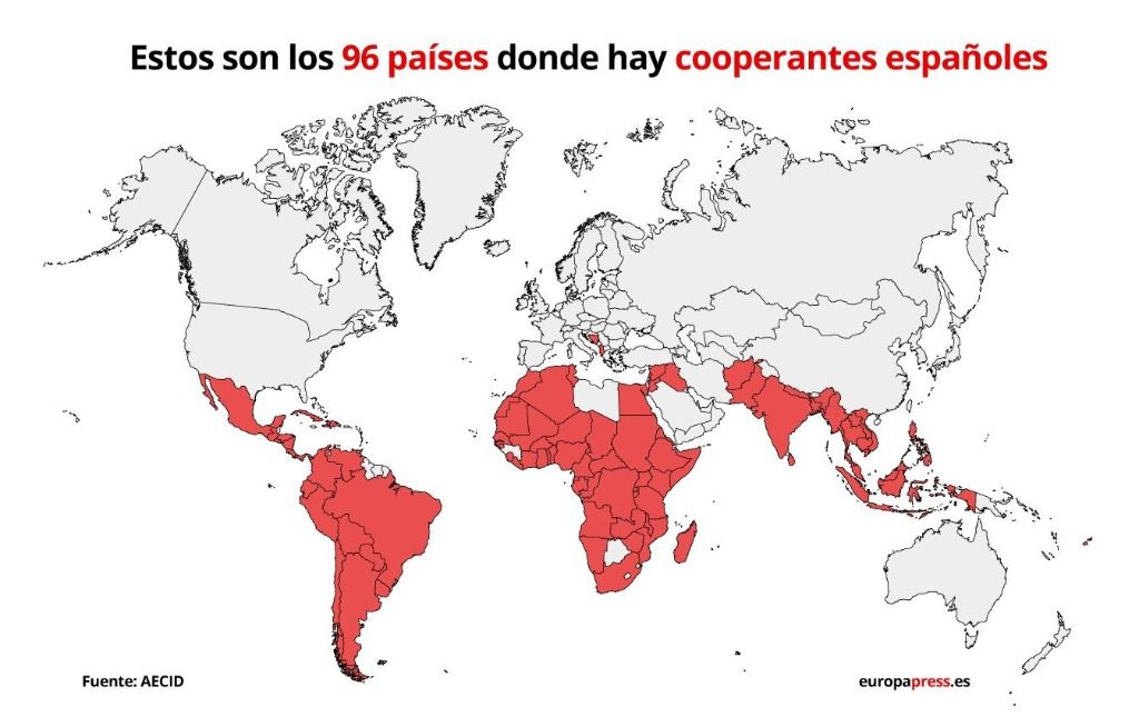 Mapa de los países en los que están destinados los cooperantes españoles en 2019