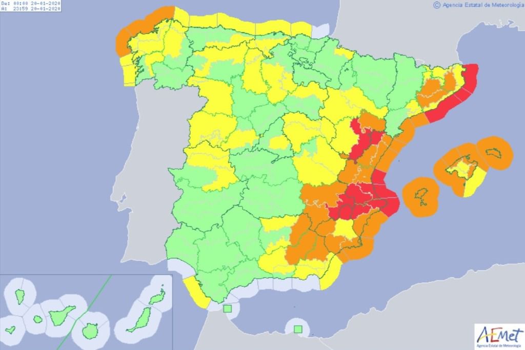 Mapa de España con las alertas meteorológicas para el lunes 20 de enero de 2020