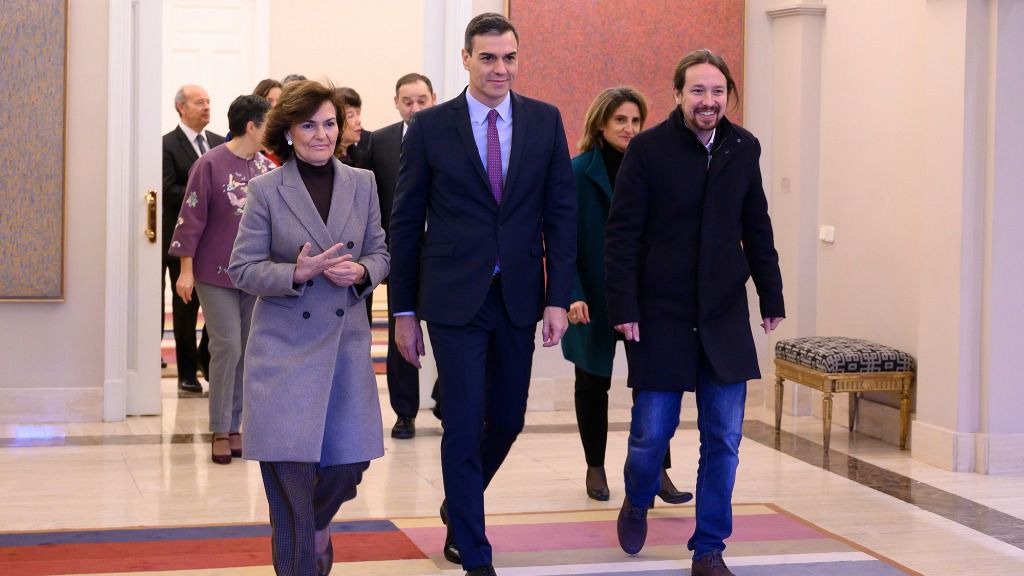 Pedro Sánchez, Pablo Iglesias y Carmen Calvo.