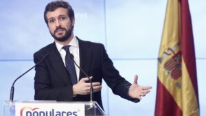 El presidente del Partido Popular, Pablo Casado, en rueda de prensa para hablar del balance del año político que hace su partido, en Madrid (España) a 30 de diciembre de 2019