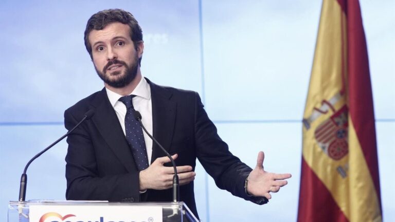 El presidente del Partido Popular, Pablo Casado, en rueda de prensa para hablar del balance del año político que hace su partido, en Madrid (España) a 30 de diciembre de 2019