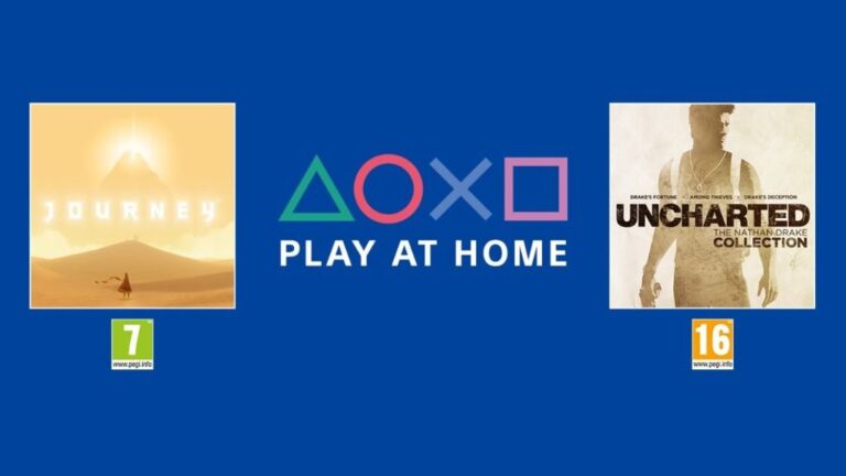 Videojuegos de Play At Home de PlayStation, con Journey a la izquierda y Uncherted: The Nathan Drake Collection a la derecha.