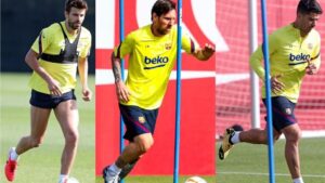 Gerard Piqué, Leo Messi y Luis Suárez entrenan, en solitario, en la Ciutat Esportiva Joan Gamper tras 56 días de inactividad