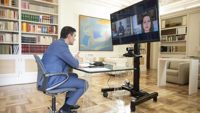 El presidente del Gobierno, Pedro Sánchez, durante una videoconferencia con la líder de Ciudadanos, Inés Arrimadas