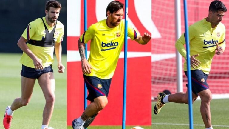 Gerard Piqué, Leo Messi y Luis Suárez entrenan, en solitario, en la Ciutat Esportiva Joan Gamper tras 56 días de inactividad