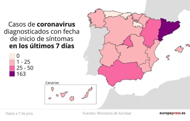 Mapa con casos de coronavirus diagnosticados con fecha de inicio de síntomas en los últimos siete días en España a 7 de julio