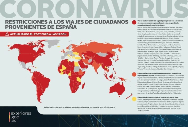 Mapa con los países que aplican prohibición de entrada, restricciones o cuarentena a personas llegadas de España