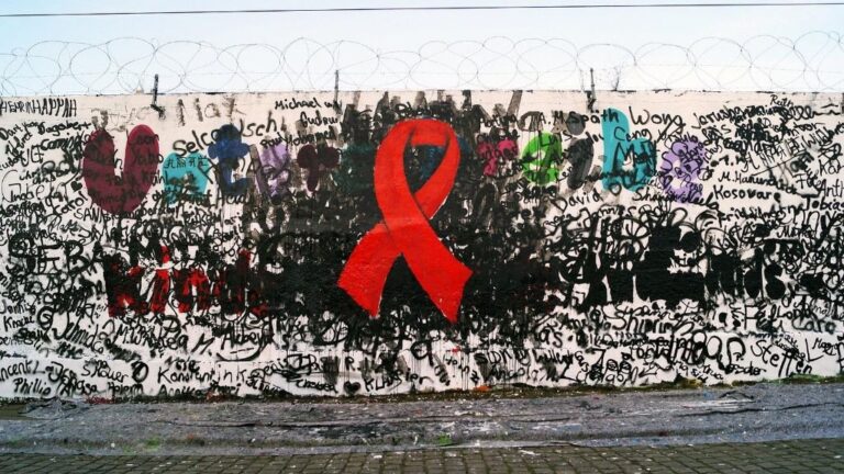 Crespón rojo pintando en una pared, un gesto simbólico para reivindicar el Día Mundial de la lucha contra el VIH sida