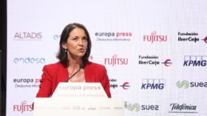 La ministra de Industria, Comercio y Turismo, Reyes Maroto, durante su intervención en un Desayuno Informativo Europa Press celebrado en Espacio Villanueva, Madrid (España)