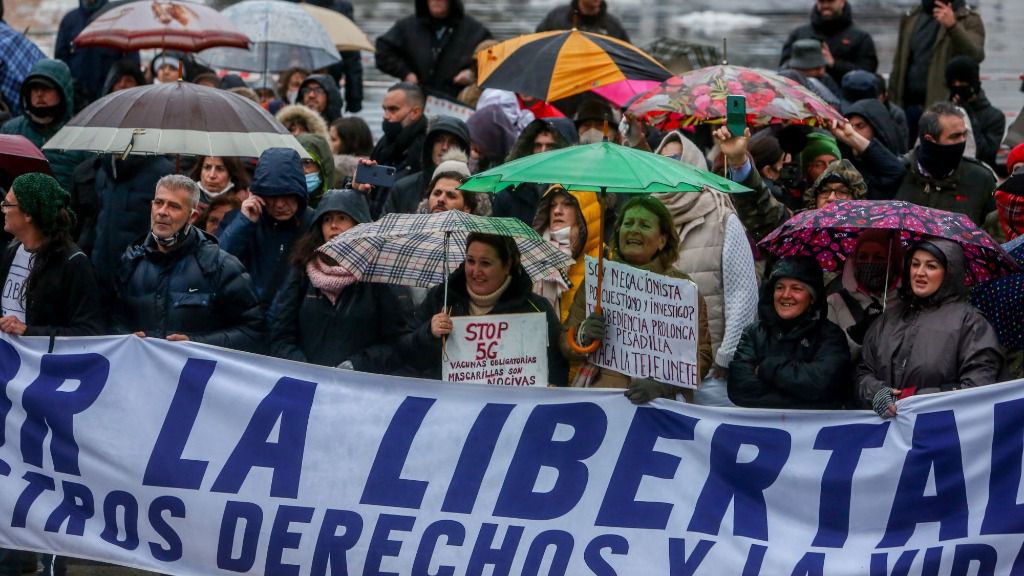 Manifestantes participan en la concentración convocada por el centro de la capital contra las medidas impuestas y la crisis sanitaria de la COVID-19, en Madrid, (España), a 23 de enero de 2021
