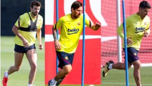 Gerard Piqué, Leo Messi y Luis Suárez entrenan, en solitario, en la Ciutat Esportiva Joan Gamper tras 56 días de inactividad