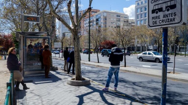 Parada de autobus, autobuses, carril bus, calle, transporte público