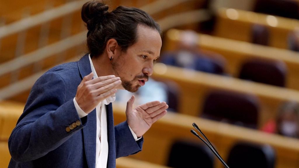 El vicepresidente segundo del Gobierno y ministro de Derechos Sociales y Agenda 2030, Pablo Iglesias, interviene durante una sesión de control al Gobierno en el Senado