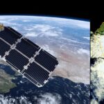 Ilustración de Sentinel-2 sobrevolando la Península y Canarias, e imagen real de la isla de La Palma con el volcán (en rojo) captada por este satélite el 20 de septiembre de 2021. / ESA-ATG medialab / UE-Copernicus Sentinel-2 imagery
