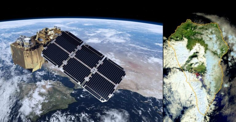 Ilustración de Sentinel-2 sobrevolando la Península y Canarias, e imagen real de la isla de La Palma con el volcán (en rojo) captada por este satélite el 20 de septiembre de 2021. / ESA-ATG medialab / UE-Copernicus Sentinel-2 imagery