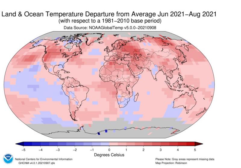 Anomalías de temperaturas en la superficie del planeta durante el trimestre entre junio y agosto de 2021 | Imagen: NOAA