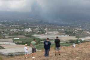 Cuatro vecinos observan desde un alto el avance de la colada de lava del volcán de La Palma en las cercanías de la localidad de La Laguna. EFE / Carlos de Saa