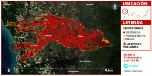 Mapa del recorrido de la lava en el volcán de La Palma por satélite