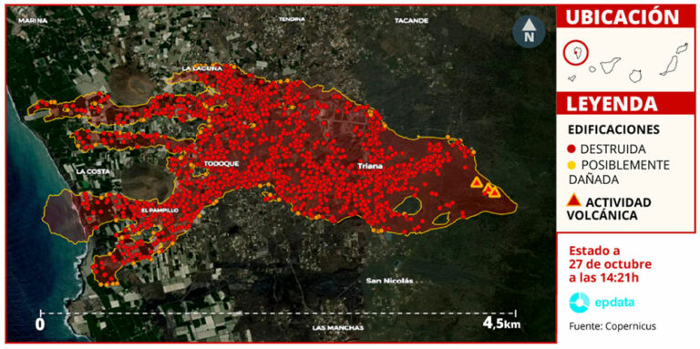 Mapa del recorrido de la lava en el volcán de La Palma por satélite