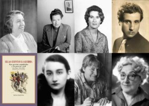 Concha Méndez, Carmen Conde, Mada Carreño, Ana M. Martínez Sagi, Ernestina de Champourcín, Gloria Fuertes y Rosa Chacel. Cubierta de ‘Ellas cuentan la guerra’. / Ed. Renacimiento y Fund. Gloria Fuertes