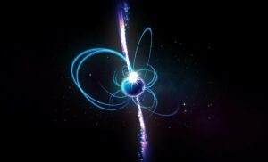 Ilustración del aspecto que podría tener el objeto si se tratara de un magnetar. Los magnetares son estrellas de neutrones magnéticas, algunas de las cuales producen a veces emisiones de radio. Suelen girar cada pocos segundos, pero, en teoría, los ‘magnetares de periodo ultra largo’ podrían hacerlo mucho más lentamente. / ICRAR