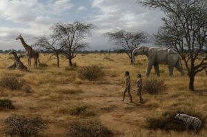 Homo erectus en África oriental rodeado de fauna contemporánea. / ©Mauricio Antón
