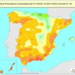Porcentaje de precipitación acumulada en España desde el 1 de octubre de 2021 al 25 de enero de 2022 | Imagen: Aemet