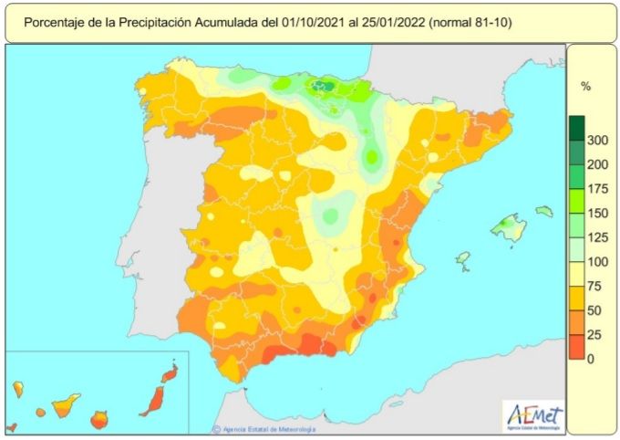 Porcentaje de precipitación acumulada en España desde el 1 de octubre de 2021 al 25 de enero de 2022 | Imagen: Aemet