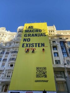 Activistas de Greenpeace piden al presidente del Gobierno, Pedro Sánchez, el cierre de todas las macrogranjas en España, tras semanas de debate en torno al modelo de ganadería industrial. - GREENPEACE