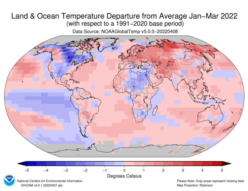  Anomalías de temperatura en la Tierra en el primer trimestre de 2022 | Imagen: NOAA 