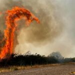 Efectivos de bomberos en la extinción de un incendio forestal en la carretera N120 en A Cañiza (Pontevedra) el 31 de julio. EFE/ Alberto Sxenick
