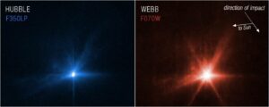 Imágenes del choque de la sonda DART contra el asteroide Dimorphos captados por los telescopio Hubble (izquierda) y Webb (derecha). / NASA, ESA, CSA, and STScI
