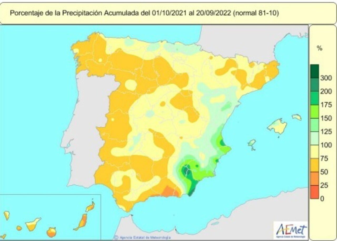 Mapa de lluvias recogidas en España desde el 1 de octubre de 2021 hasta el 20 de septiembre de 2022. - AEMET