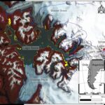 Imagen de satélite del Lago Greve (Chile) y de los puntos de referencia circundantes. La zona que pasó de ser lago a superficie terrestre desde el 8 de abril hasta el 1 de noviembre de 2020 está resaltada en amarillo. / Shuntaro Hata, Shin Sugiyama, Kosuke Heki