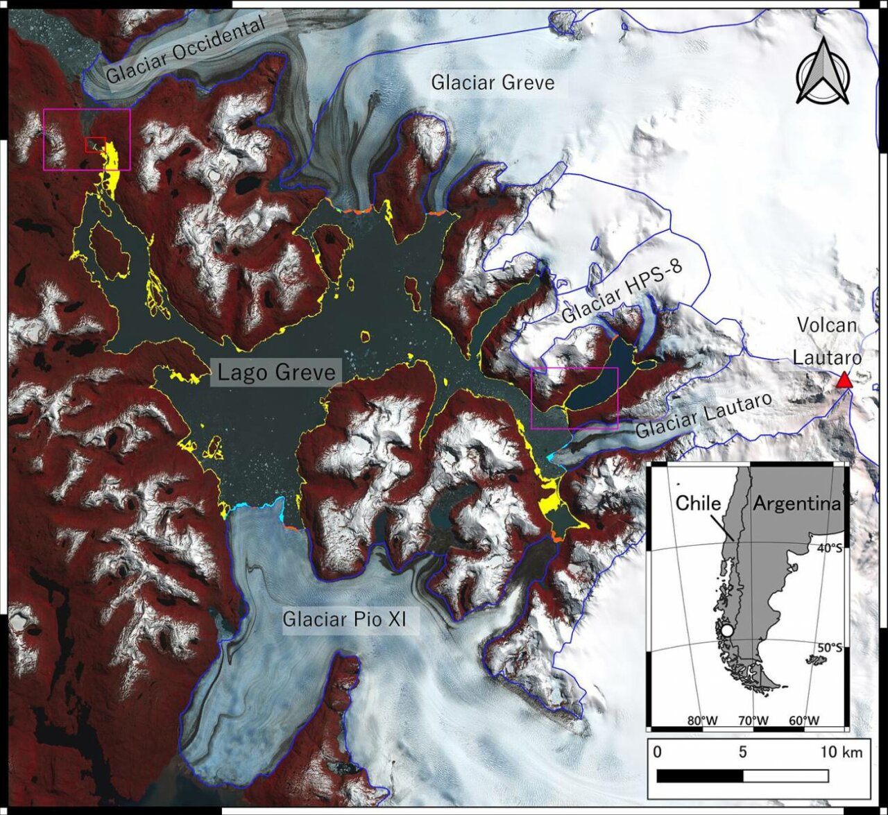 Imagen de satélite del Lago Greve (Chile) y de los puntos de referencia circundantes. La zona que pasó de ser lago a superficie terrestre desde el 8 de abril hasta el 1 de noviembre de 2020 está resaltada en amarillo. / Shuntaro Hata, Shin Sugiyama, Kosuke Heki