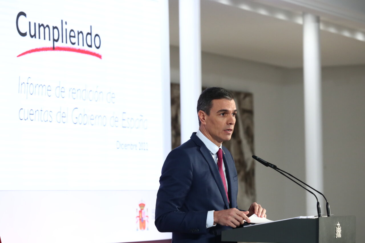 El presidente del Gobierno, Pedro Sánchez, en su comparecencia ante los medios. (Foto: Pool Moncloa/Fernando Calvo)